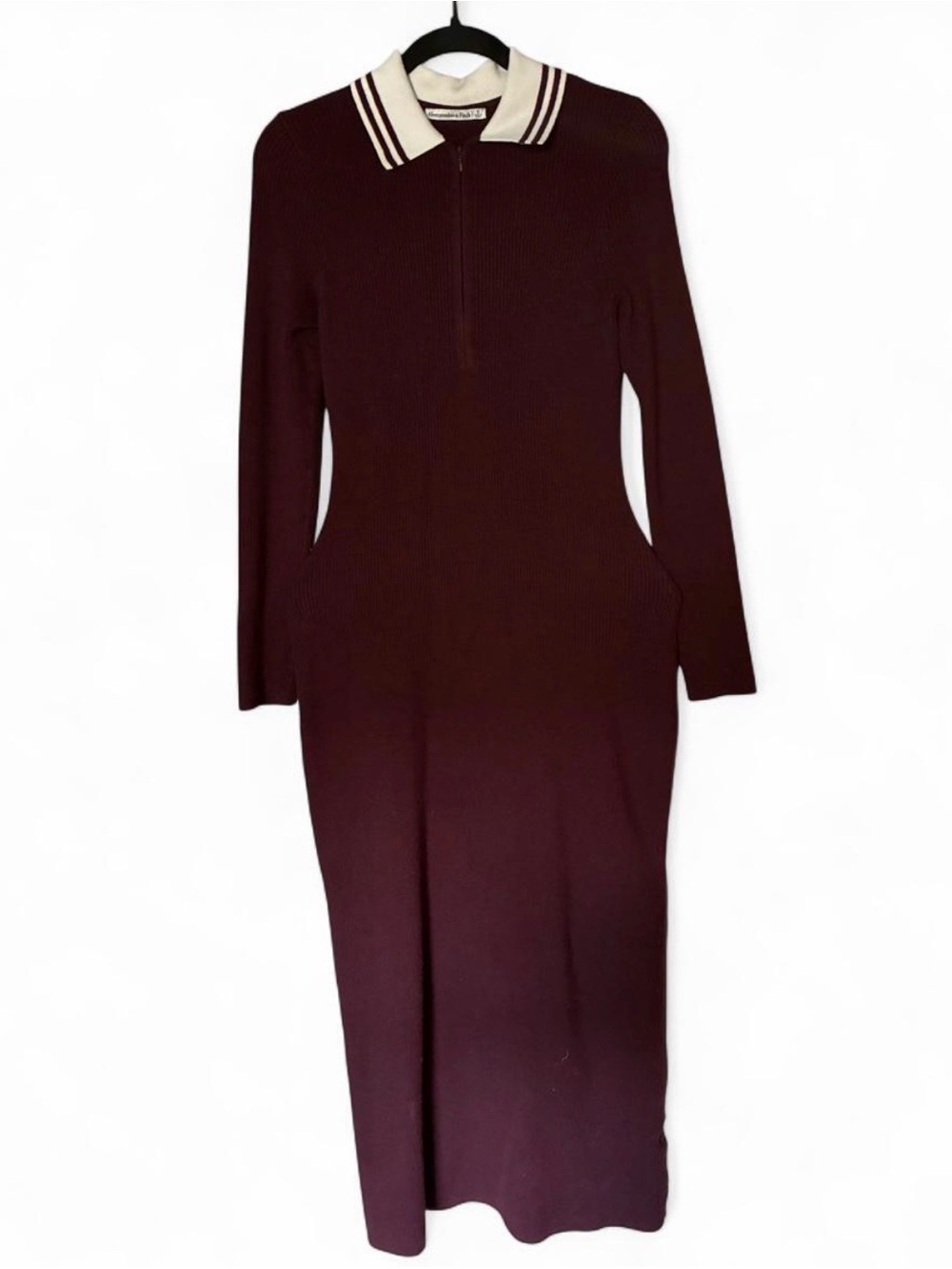Abercrombie & Fitch Burgundy Ribbed Polo Midi Dress with Cream Collar